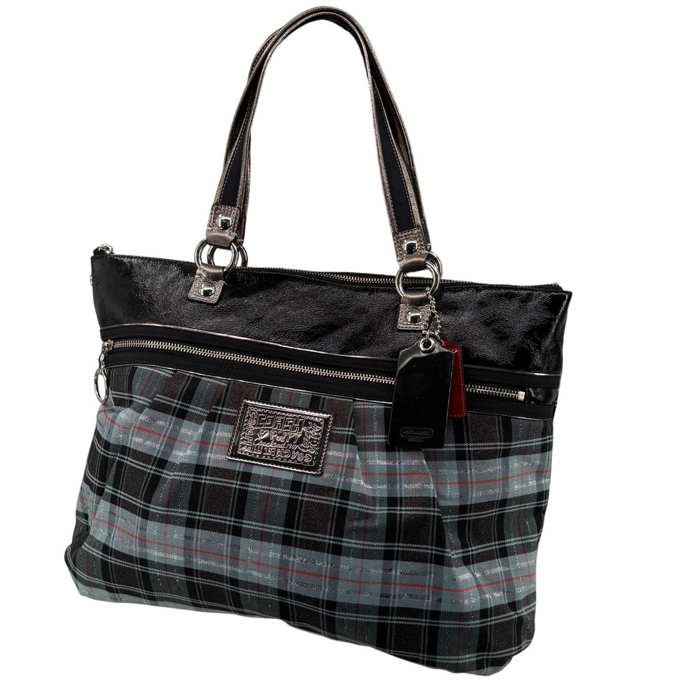 Coach Poppy Tartan Plaid Glam Tote Bag Metallic Patent Leather Limited Edition - Picture 14 of 16